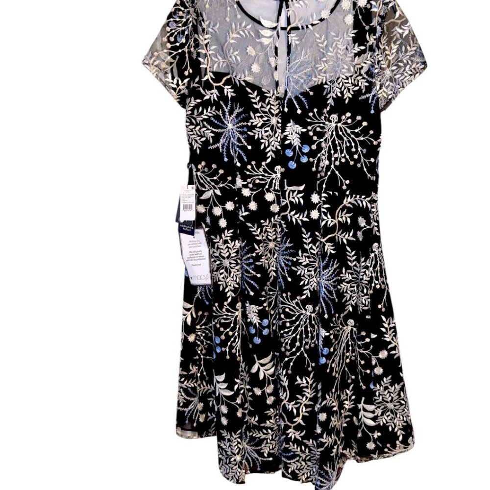 Adrianna Papell Black with Blue & Ivory Floral Embroidery Fit & Flare -Size 8